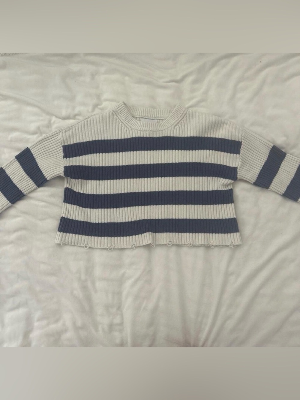 Navy and White Cropped Striped Sweater